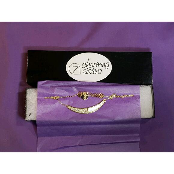 Crescent Bar Pendant Choker Chain Necklace Rhinestones & MOP Shell In Gold Tone - Picture 8 of 8